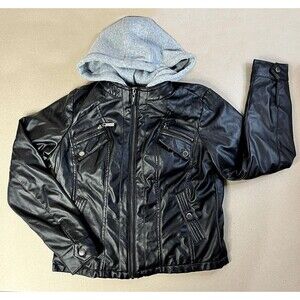 Joujou Jacket Juniors XL Black Leather Moto Full Zip Removable Hoodie Faux Fur